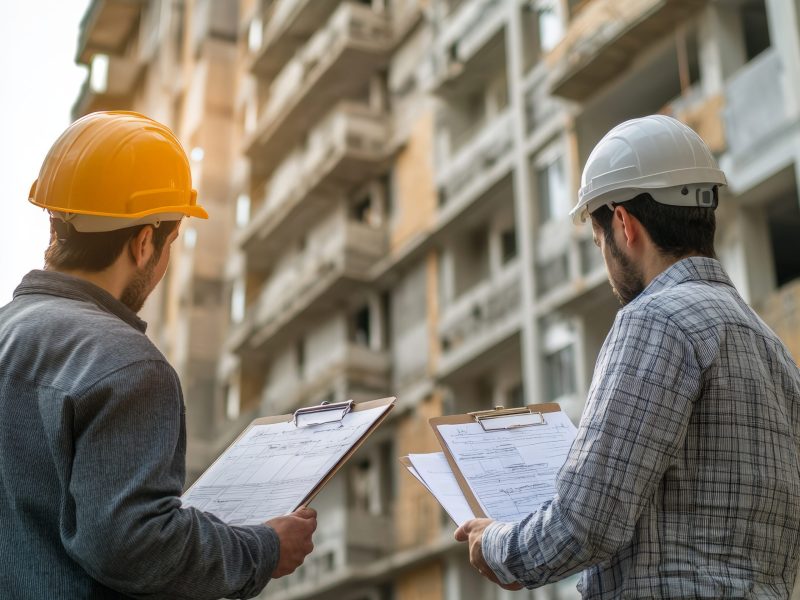 Two young male contractors wearing hard hats are examining construction plans at a residential site, ensuring the project aligns with engineering specifications.