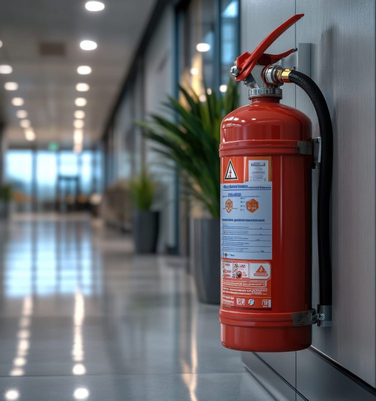Red Fire Extinguisher Mounted on a Wall in an Office Building